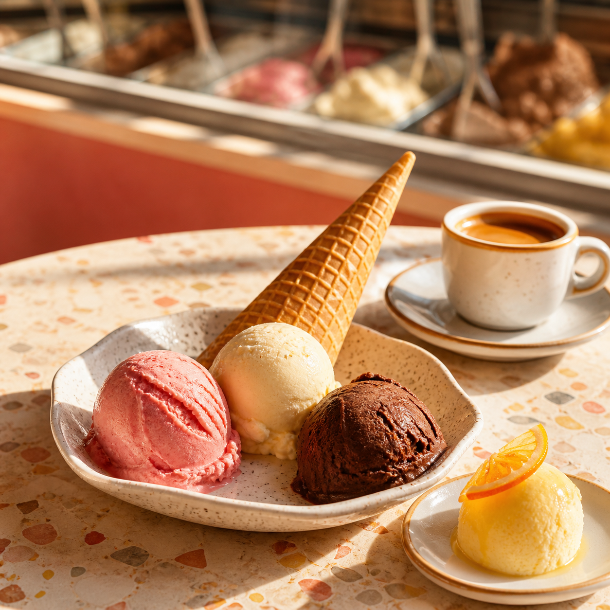 Atmosphärisches Motiv mit Gelato, Waffel und Espresso