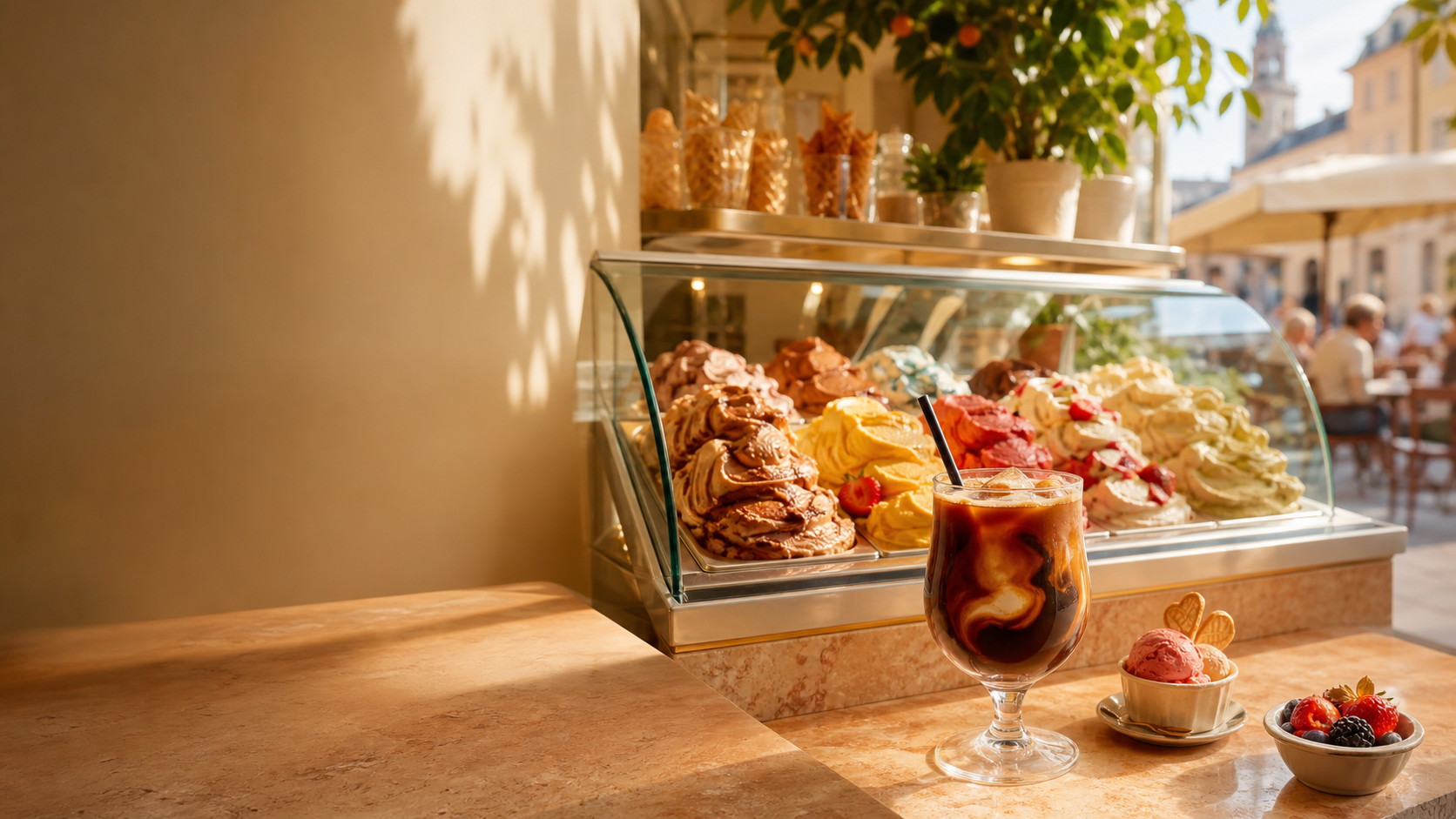 Atmosphärisches Gelato-Café mit Eistheke und Kaffee