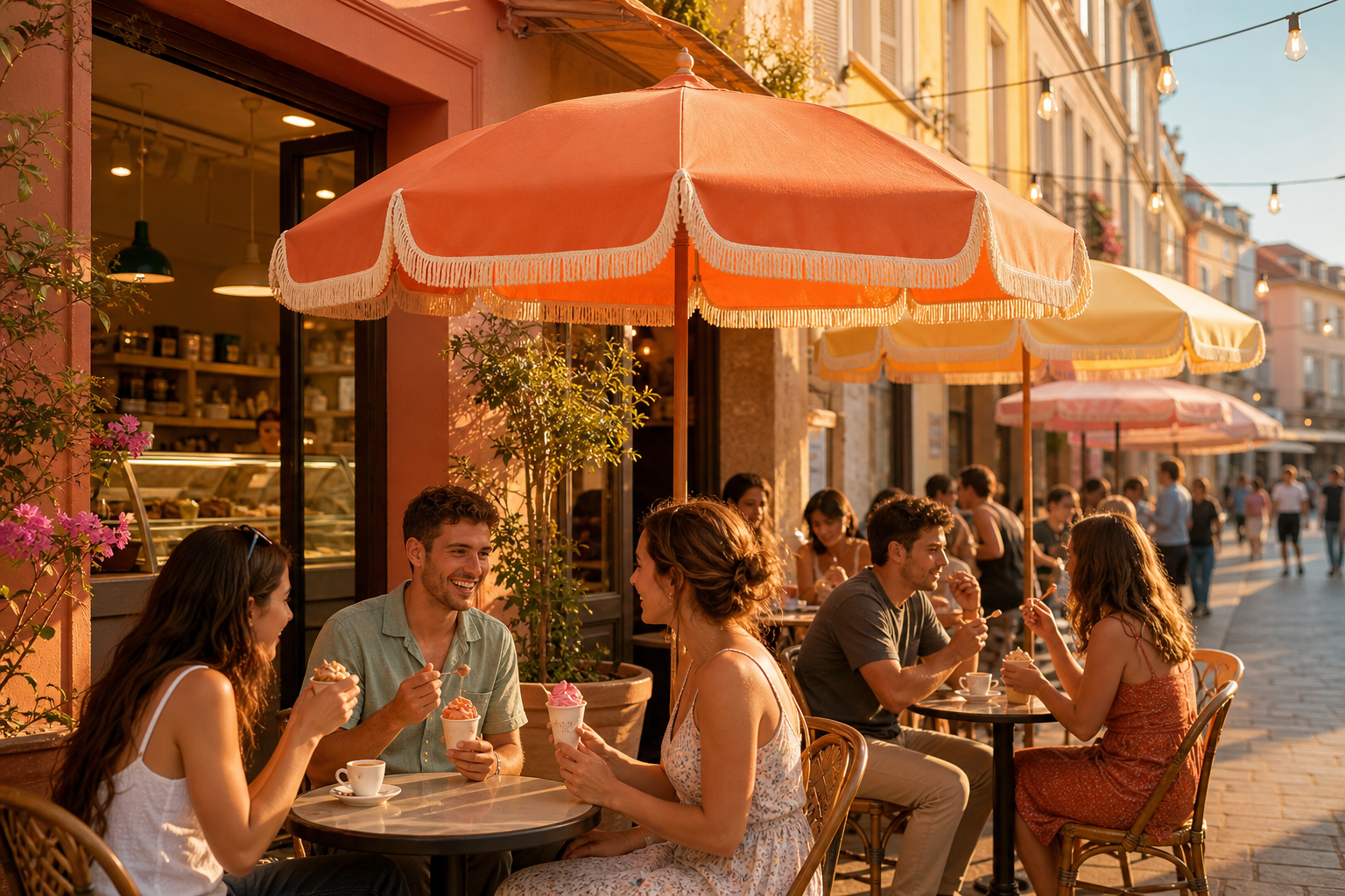 Atmosphärische Szene einer sonnigen Eiscafé-Terrasse